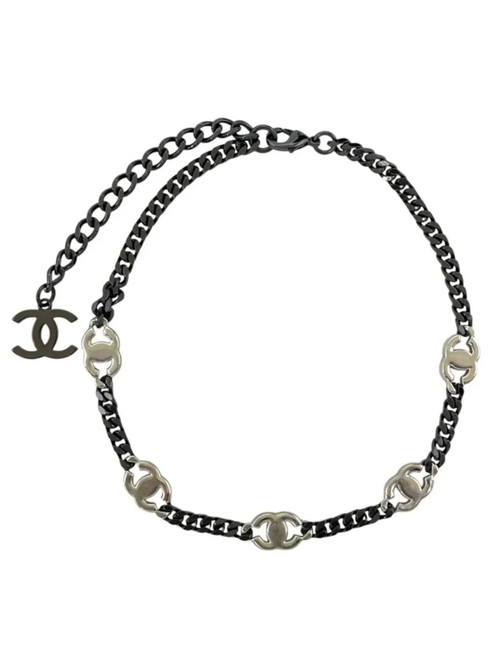Chanel Choker Chain Pendant CC Logo Rhinestone Gunmetal Black Silver Necklace